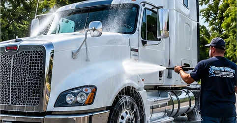 Illustration of pressure washing a commercial semi truck